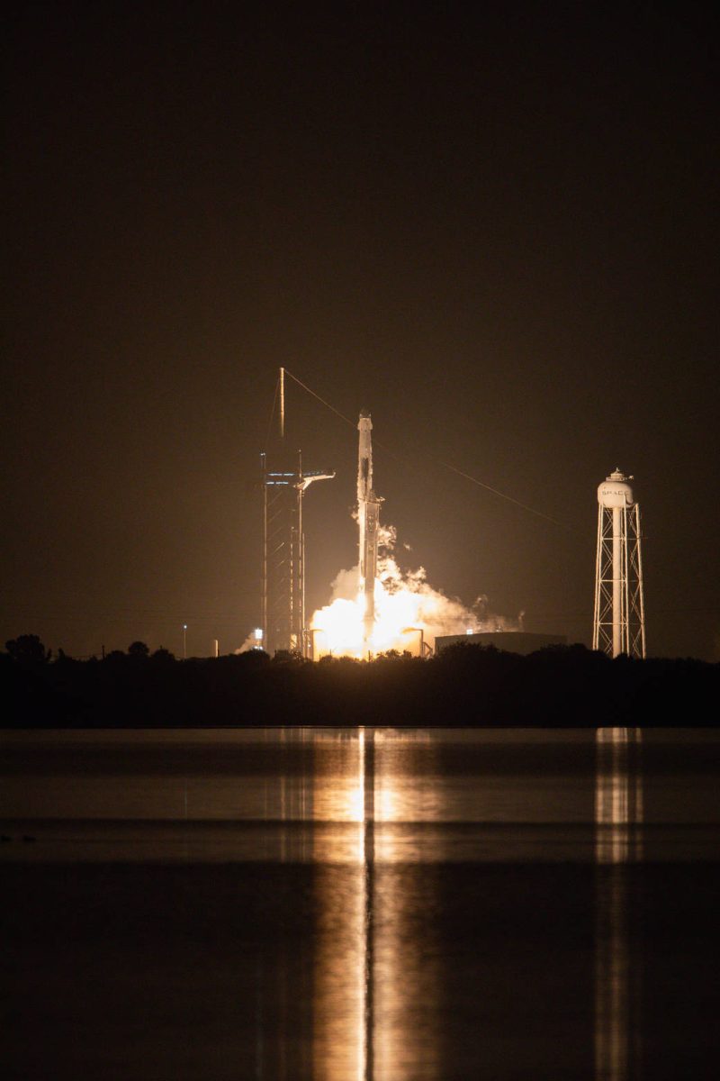 The SpaceX Falcon 9 rocket with the Crew Dragon lifts off from Launch Pad 39A at NASA’s Kennedy Space Center in Florida on Nov. 10, 2021. Aboard the Crew Dragon are the SpaceX Crew-3 astronauts Raja Chari, commander; Tom Marshburn, pilot; and Kayla Barron, mission specialist; along with Matthias Maurer, ESA (European Space Agency) astronaut and mission specialist. Launch time was at 9:03 p.m. EST. The Crew Dragon Endurance will carry the four-person crew to the International Space Station for the agency’s Commercial Crew Program.