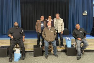 Father Greg Boyle with (left to right) Principal Puentes, Ms. Semon, Mr. Finn and Homeboys Greg and Rafeyel (seated). 