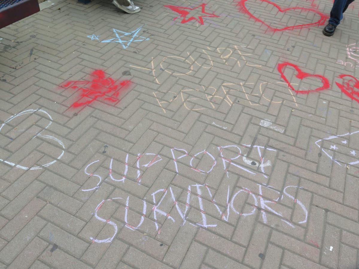 Written statements on the ground in Denim Day activity.