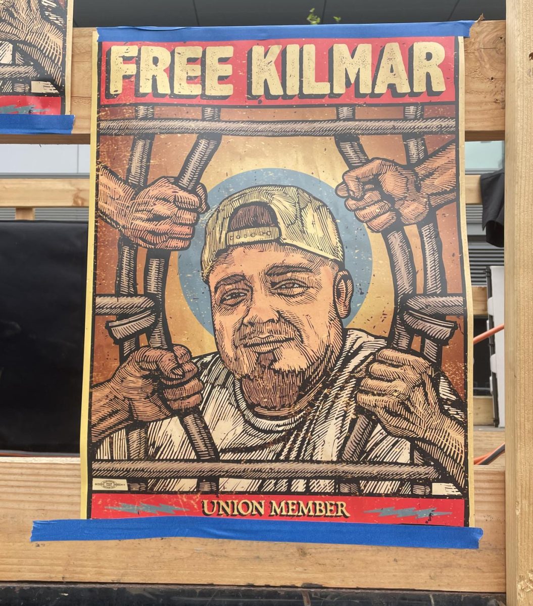 A poster of Kilmar Abrego Garcia at the May Day Rally for Worker's Rights in Downtown Los Angeles. Abrego Garcia is sheet metasl apprentice and member of their union. 