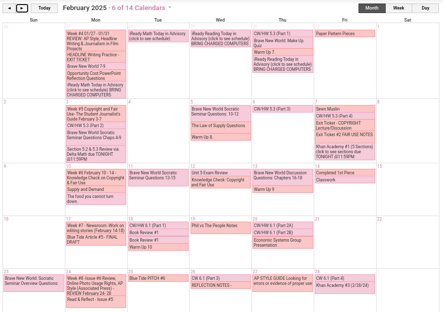 A sample of typical assignment load during the month. 